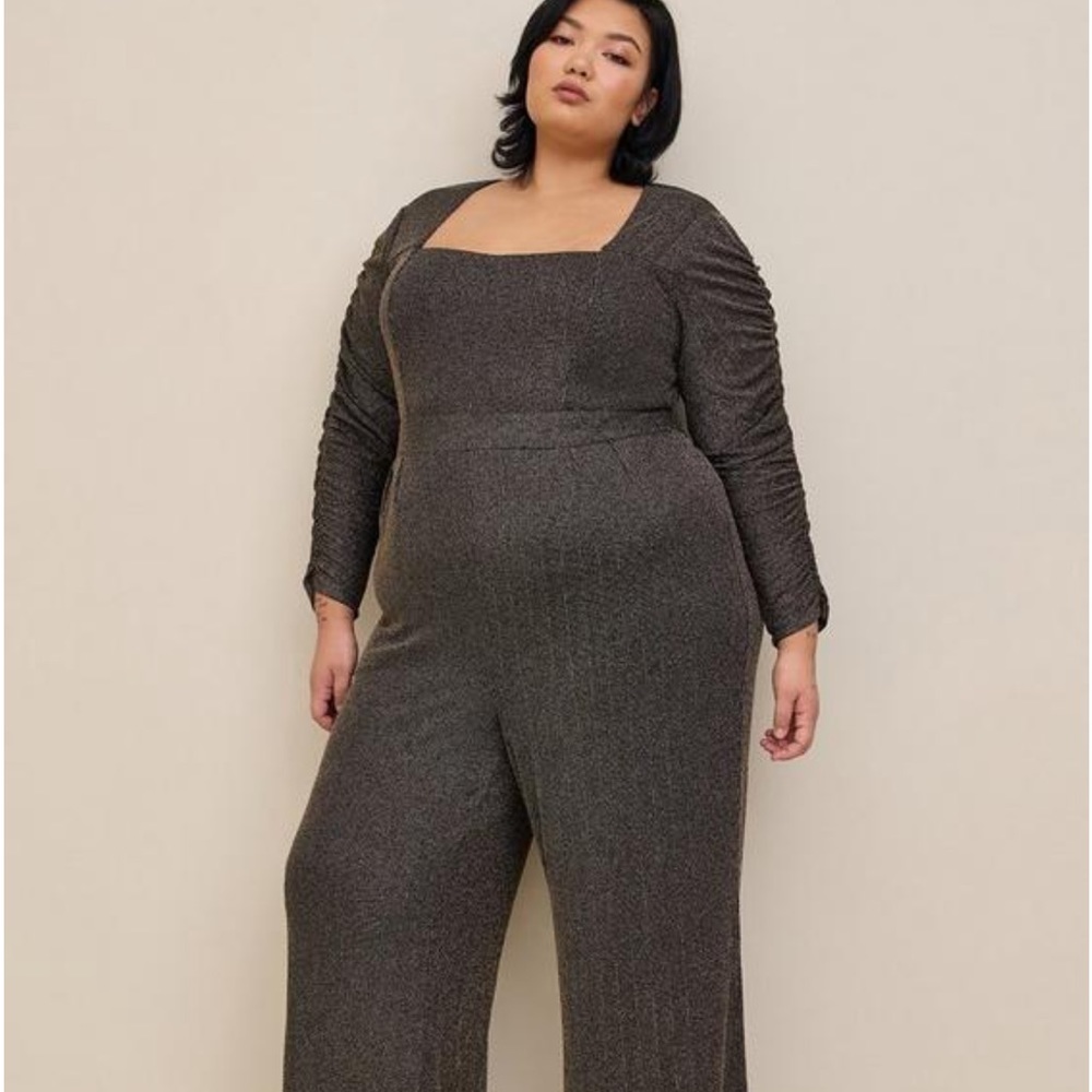 NWT Torrid new Glitter Knit Sweetheart Neck Jumpsuit gold and black shinny - Picture 3 of 4